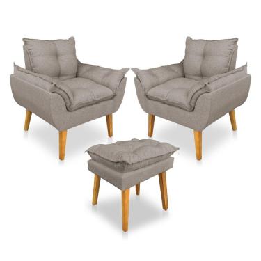 Imagem de Kit Poltrona Decorativa E Puff Opala Luxo Linho Cappuccino Dal Poz Estofados