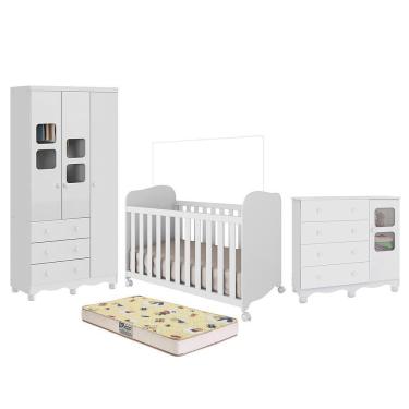 Imagem de Dormitório Uli Guarda Roupa 3 Portas, Cômoda E Berço Branco Brilho Com Colchão Supreme - Móveis Peroba