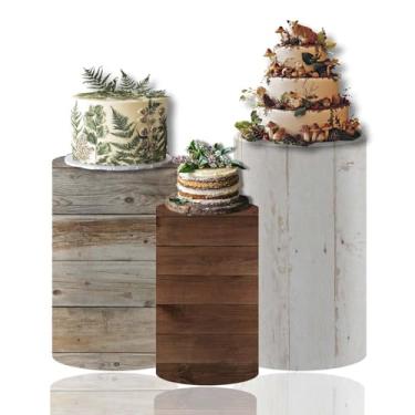 Imagem de MvoVitality Conjunto de capa de pedestal de cilindro de madeira rústica - 3 tamanhos de decorações de festa para tema de fazenda, casamento rústico, aniversário, chá de bebê, exibição de mesa de