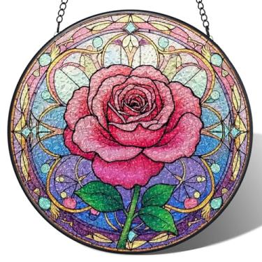 Imagem de Pendurado em vitrais, apanhadores de sol com flores de rosa, painel de vidro colorido, presentes de aniversário de Natal para mulheres, homens, esposa, tia, mãe, meninas, amantes de 15 cm