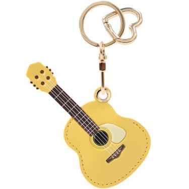 Imagem de Capa de couro PU compatível com AirTag, linda capa protetora com chaveiro, capa rastreadora GPS (guitarra-amarelo)