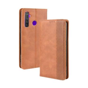 Imagem de Capa para OPPO Realme 5 Pro,Retro Flip magnético,Caso de telefone de couro PU,Design de carteira com 3 slots de cartão e 1 clipe de dinheiro -Brown
