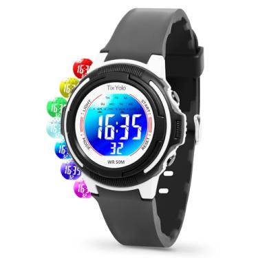 Imagem de TixYolo Relógio digital infantil com 7 luzes coloridas à prova d'água, alarme, cronômetro, pulseira macia, presente para crianças, relógio esportivo para meninos e meninas de 5 a 12 anos, Preto