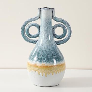 Imagem de Vaso de cerâmica com esmalte reativo estético, vaso de flores decorativo com alças para decoração de casa rústica moderna, sala de estar, mesa de cornija, peça central, 26 cm