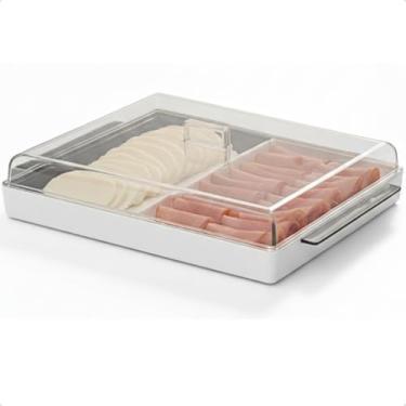 Imagem de Porta Frios Duplo Com Tampa Resistente Pote Organizador Para Geladeira Com Divisória Bonito E Prático Presunto E Queijo(PORTA FRIOS BRANCO)