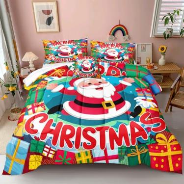 Imagem de Bedding_Dreamer Conjunto de edredom de Papai Noel, Queen, desenho animado, Natal, fofo, Papai Noel, decoração de casa, vermelho, floco de neve, conjunto de colcha com 4 peças, microfibra macia
