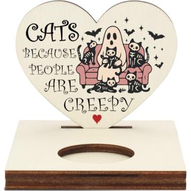 Imagem de Castiçal de coração para amantes de gatos de Halloween "Cats Because People are Creepy", decoração de parede assustadora engraçada, gótico para donos de gatos, LMM19
