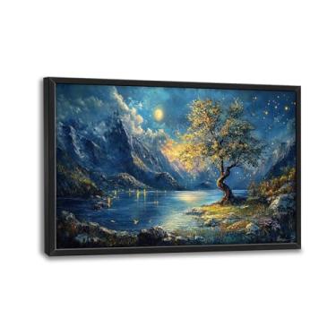 Imagem de Olivine Arte de parede grande de paisagem, decoração de parede de imagens de natureza, pintura de floresta de montanha, impressões em tela de cena noturna, arte emoldurada para sala de jantar, sala de