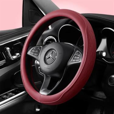 Imagem de Capa de volante bordô, couro sintético perfurado premium com interior de borracha inodora, ajuste universal antiderrapante para interiores de carros esportivos e luxuosos (bordô)