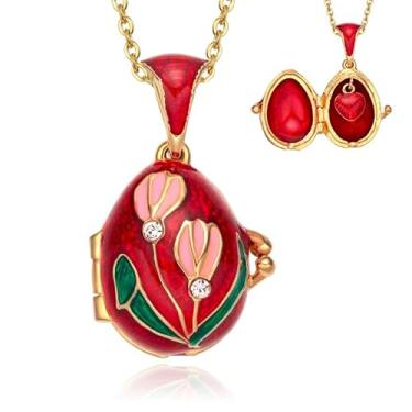 Imagem de Colar com pingente de medalhão de ovo vintage tulipa lírio com pingente de coração surpresa dentro para mulheres, Latão, Cristais austríacos