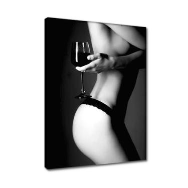 Imagem de Biquíni mulher segurando copo de vinho tela arte de parede preto e branco sexy bar carrinho impressão para quarto decoração de parede arte sensual quarto menina adolescente decoração de quarto