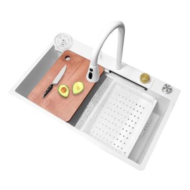 Imagem de TRGCJGH Pia de cozinha de estação de trabalho de montagem dupla, pia de cozinha embutida e embaixo da pia de aço inoxidável em cascata (80 x 45 cm/12,4 x 7,7 pol, branca)