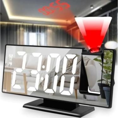 Imagem de Relógio Digital Espelhado Com Projetor Holográfico – Projeta Horário No Teto Ou Parede Alarme Termômetro Calendário
