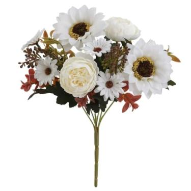 Imagem de Buquê de Flores Artificiais de Peônia e Girassol – Arranjo Decorativo para Casamento, Mesa, Sala e Jardim(Branco-1,3)