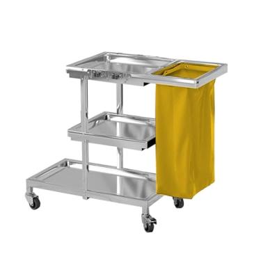 Imagem de TRGCJGH Carrinho utilitário de limpeza comercial de aço inoxidável, carrinho de limpeza doméstica de 3 prateleiras, com rodas e saco de vinil de 14 galões (M, amarelo)
