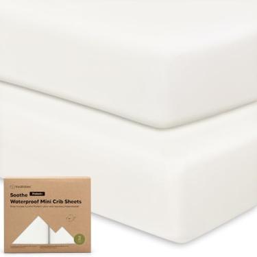 Imagem de Pacote com 2 lençóis, à prova d'água, mini berço, lençol com elástico – Pacote de algodão orgânico para colchão Graco e Playard, lençóis neutros para meninos, meninas, crianças pequenas (branco macio)