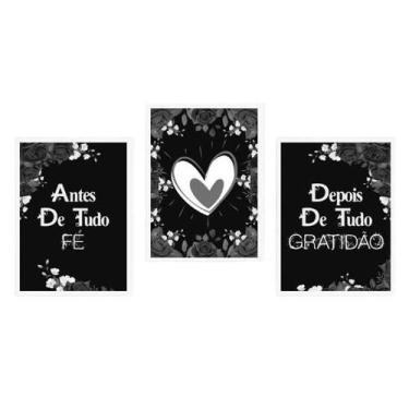 Imagem de Quadro Decorativo Fé E Gratidão Preto/Cinza 24X18Cm 3 Peças - Quadros 