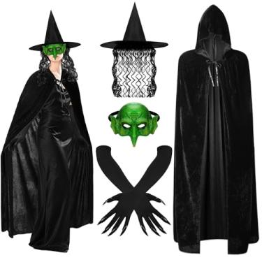 Imagem de Jansun 4 peças de fantasias de bruxa de Halloween, capa com capuz, chapéu de bruxa de espuma velha, goblin de meia face, máscara de feiticeira, nariz de águia, preto, luvas longas de pata, manto de