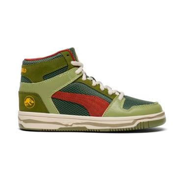 Imagem de PUMA Tênis unissex infantil Rebound Layup Mid Jurassic World Hook and Loop, Verde Moss-Marte Vermelho-Amarelo Sizzle, 15