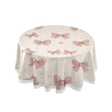 Imagem de SEHANY Toalha de mesa redonda com laço rosa de 152 cm, tecido lavável sem rugas, toalha de mesa decorativa de renda para restaurante, casamento, acampamento, festa de cinco de maio