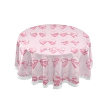 Imagem de SEHANY Toalha de mesa redonda com laço rosa de 152 cm, tecido lavável sem rugas, toalha de mesa decorativa de renda para restaurante, casamento, acampamento, festa de cinco de maio