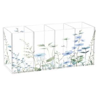 Imagem de SEHANY Porta-canetas de acrílico com flores silvestres coloridas, 4 compartimentos, porta-lápis transparente, organizador de pincéis de maquiagem, organizador de papelaria para escritório, casa