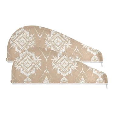 Imagem de SEHANY Toalha de cabelo de microfibra boêmia marrom vintage para mulheres, 2 peças, turbantes de cabelo de secagem rápida com botão, touca de cabelo seco absorvente toalha de secagem de cabelo para