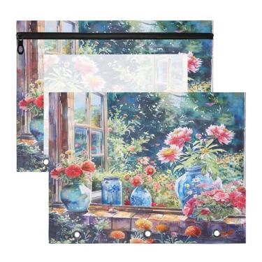 Imagem de SEHANY Pasta de lápis de flores de jardim com 3 anéis – Bolsa para documentos tamanho A4 com janela transparente para sala de aula, escritório, 2 peças
