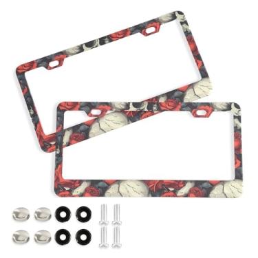 Imagem de SEHANY Molduras de placa de carro vintage rosa crânio, capas de alumínio à prova de ferrugem com furos elípticos e parafusos serve para veículos padrão dos EUA tamanho acessórios de carro para