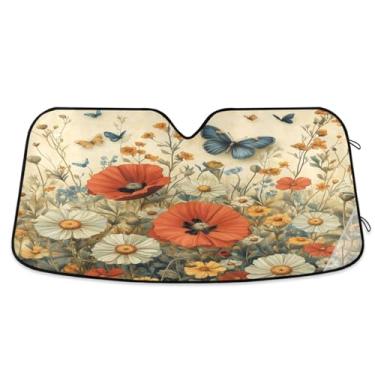Imagem de ATTX Para-brisa de carro de flores silvestres e borboletas 144.8 cm x 80.0 cm Protetor solar universal com proteção UV, persiana de janela frontal automática dobrável para Sedans SUVs caminhões #184