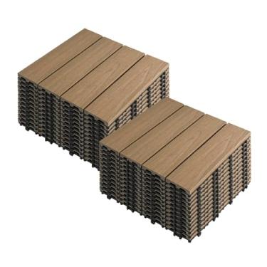 Imagem de Azulejos de deck interligados, azulejos de piso de pátio composto WPC com sistema de clique função de drenagem para varanda piscina varanda quintal área de jogo terraço todos os climas uso A4 24 peças