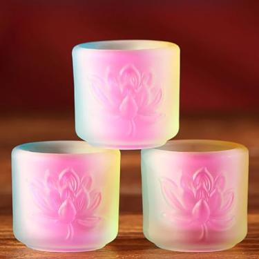 Imagem de FENNYYAR Copo de abastecimento de água benta para uso doméstico com esmalte colorido lótus 3 peças, 4 cm, 4 cm, Deus da Riqueza, copo de purificação de água, frente de Buda