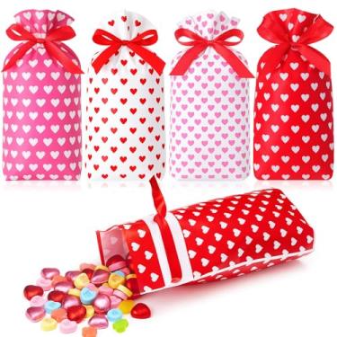 Imagem de Harloon 48 unidades de sacos de presente de Natal, sacos de plástico com cordão em forma de coração, 5,9 x 24 cm, saco de presente de Natal para decoração de festa de troca, embalagem de presente de