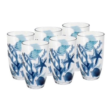Imagem de Cj 6 Copos Altos de Acrílico C/Detalhes Fundo do Mar Azul 680ml Entrecasa