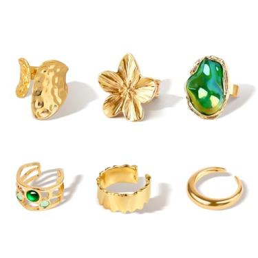 Imagem de Ethanberg Anéis de ouro grossos para mulheres, conjunto de anéis empilháveis ajustáveis abertos para mulheres, pedra preciosa verde barroca pérola flor empilhável, anel grosso na moda, 6 peças de