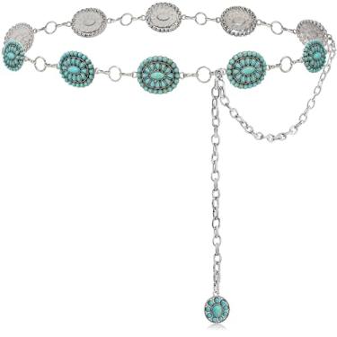 Imagem de Xiokyo Cinto Concho Turquesa Ocidental Prata Cowgirl Cinto para Mulheres Acessórios Boho para Vestidos, Turquesa prateada, 49" total (fits low waist 32–36")