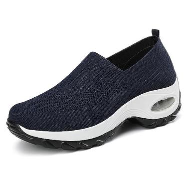 Imagem de Optigard Tênis feminino de malha sem cadarço com suporte de arco e amortecimento de ar, sapatos atléticos, casuais, confortáveis, para trabalho, enfermagem, plataforma, mocassim, Azul, 4.5 UK