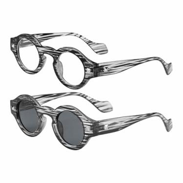Imagem de HARFINGTON 2 peças de óculos de sol para mulheres e homens, armação redonda retrô de policarbonato óculos de sol modernos com proteção solar para dirigir, fazer compras e tirar fotos, cinza listrado e