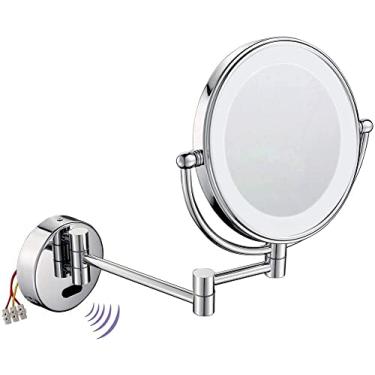 Imagem de YYBOES Espelho de maquiagem indutivo montado na parede para banheiro com luz LED dupla face ampliada dobrável telescópico giratório metal cobre espelho cosmético 20 cm