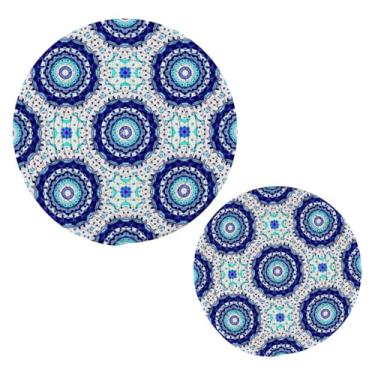 Imagem de Wassud Trivet Blue Circular Designs para pratos quentes, porta-panelas redondas de algodão, almofadas quentes, porta-copos elegantes, decoração de cozinha e acessórios, 2 peças