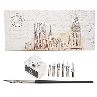 Imagem de Conjunto de canetas de caligrafia retrô flores duráveis ​​antiderrapante aperto de mão dip caneta terno para professores idosos amantes presentes vidro de aço inoxidável 21,8 x (SP124prata prata)