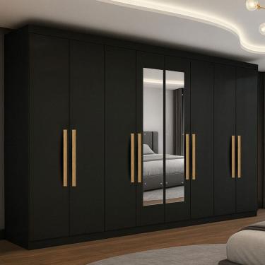 Imagem de Guarda-Roupa Casal German 8 Portas 4 Gavetas com Espelho Preto - Maxel