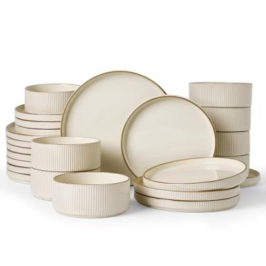 Imagem de Famiware Star Conjunto de louça, pratos e tigelas para 8 (24 peças), pratos de grés canelados, resistente a lascas e arranhões, seguro para micro-ondas e lava-louças, creme
