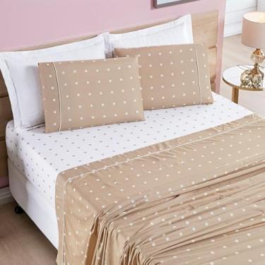 Imagem de Jogo de Lençol 4 Peças Micropercal Toque Macio Queen King Cama Casal Poá Luxo Premium 200 Fios(Poá Caqui,Super King)