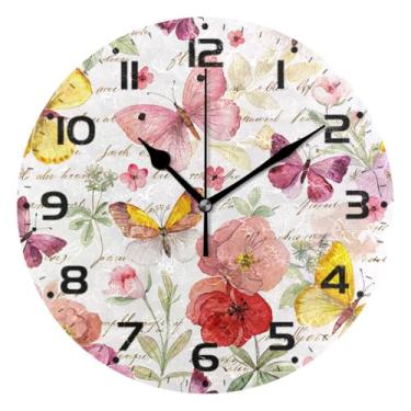 Imagem de JUZIHAI Relógio de parede vintage borboleta silencioso, sem tique-taque, relógios de parede redondos operados por bateria, fácil de ler, relógio decorativo de parede para casa, cozinha, sala de estar