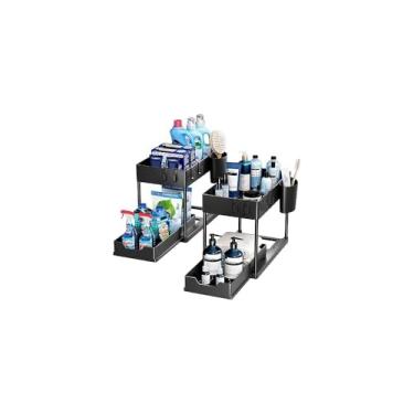 Imagem de Organizador Multiuso 2 Níveis com Bandeja Corrediça, Metal com Pintura Eletrostática, Preto, 40x35x22 cm, para Banheiro e Cozinha