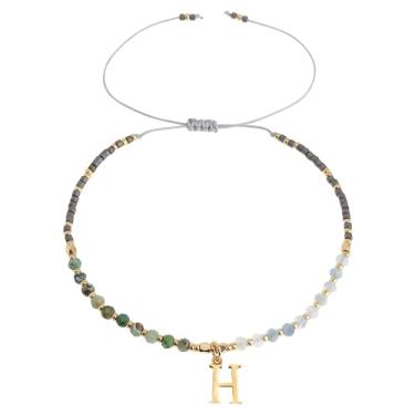 Imagem de Frigotine Pulseiras com inicial de pedra natural com contas douradas para mulheres e adolescentes, boêmio feito à mão cinza preto personalizado contas de pedra turquesa nome da letra pulseira
