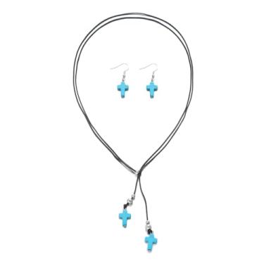 Imagem de HWJQ Conjunto de colar e brincos de coração turquesa colar de coração grosso colar Y turquesa corações pendentes brincos pendentes para mulheres joias ocidentais, Middle, Resina, Sem Pedra Preciosa