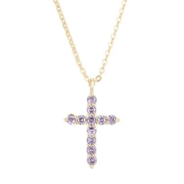 Imagem de RIZILIA Colar de cruz minimalista Time-Honored para mulheres com corte redondo CZ imitação de ametista roxa em ouro 14K - pingente Faith com corrente de 45,7 cm - caixa de presente
