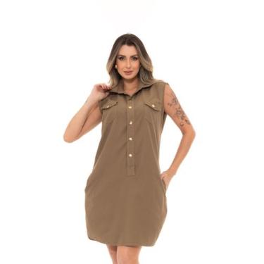 Imagem de Vestido Sarja Feminino Chemise Regata Soltinho com Botões Bolso e Cint